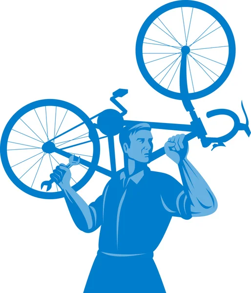 Cyclist mechanic holding spanner and carry bicycle — Stock Photo, Image