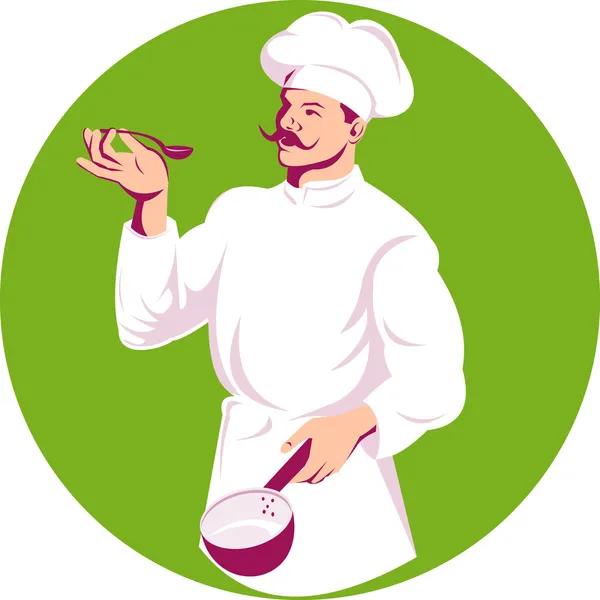 Chef-kok baker holding saus pan en lepel — Stockfoto