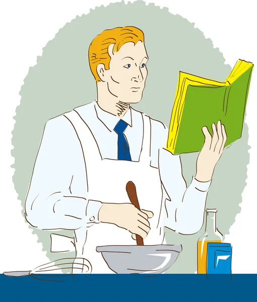 Σεφ μάγειρας baker κρατώντας ανάμειξη μπολ συνταγή μάθησης βιβλίο μαγειρικής — Φωτογραφία Αρχείου