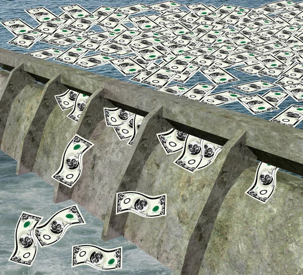 Water dam with money flowing water — Stock Photo, Image