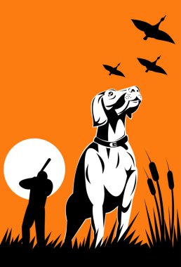 Hunter aiming shotgun with retriever dog clipart