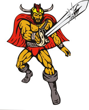 Cartoon Viking super hero with sword clipart