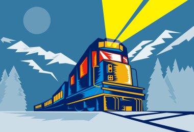 Diesel train locomotive retro winter scene clipart