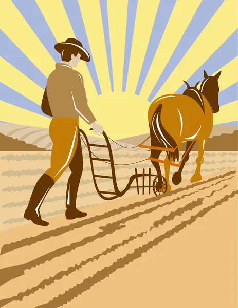 農夫および馬の農場を耕し — ストック写真