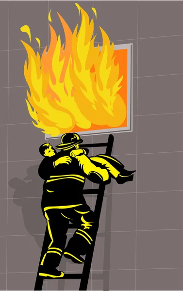 Fireman fire fighter saving boy burning building — Stock Photo, Image