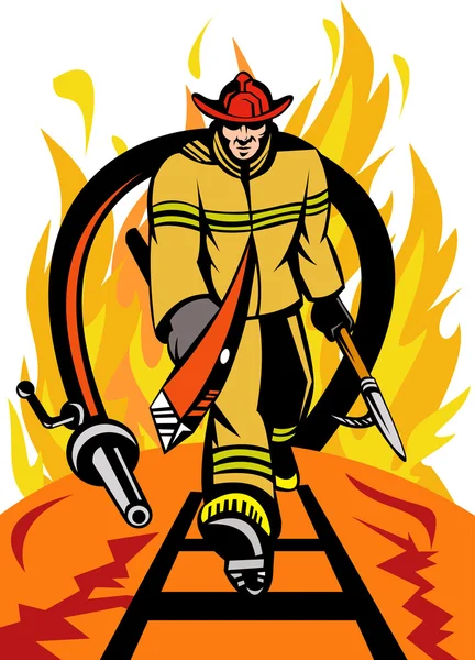 消防员消防员带斧、 矛钩 — 图库照片