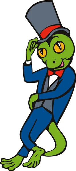 Cartoon gecko with top hat bow tie tuxedo standing — Stock Photo, Image