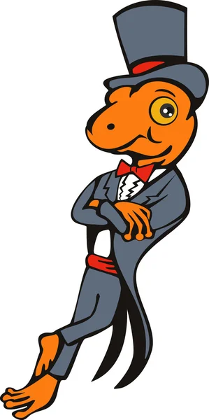 Gecko dos desenhos animados com top chapéu arco gravata smoking de pé — Fotografia de Stock