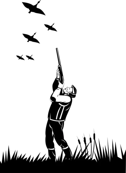 Hunter aiming shotgun rifle at duck — Stock Photo, Image