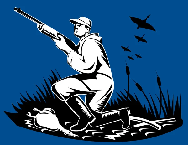 Hunter aiming shotgun rifle at duck — Stock Photo, Image