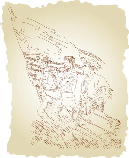 Солдат-патриот американской революции марширует с флагом — стоковое фото