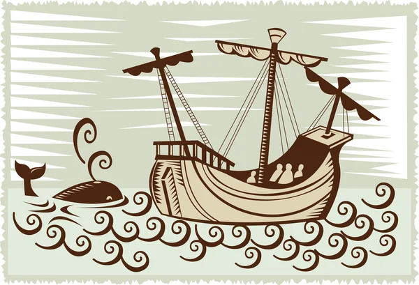 Galeon żeglujący statku na morzu z wieloryba — Zdjęcie stockowe