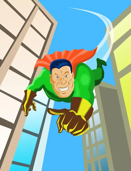 stock image Super hero pointing flying between buildings