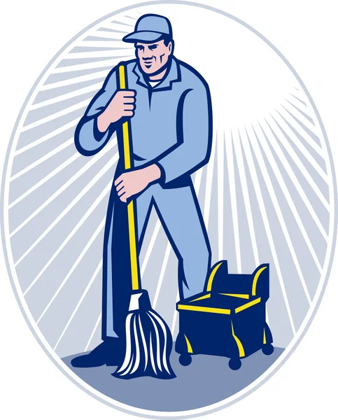 Janitor Cleaner With Mop Cleaning Retro — Stock Photo, Image