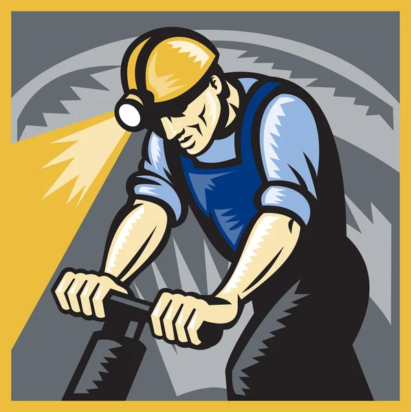 煤矿工人钻气动钻复古木刻 — 图库照片
