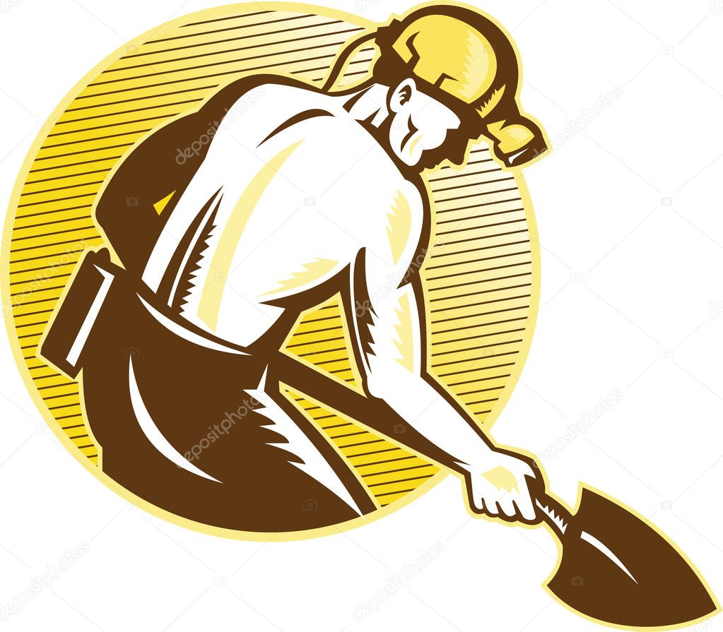 Coal Miner With Shovel Retro Woodcut