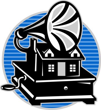 Vintage Gramophone With Old House clipart