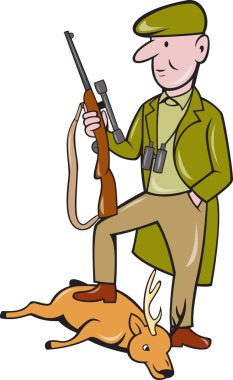 Cartoon Hunter With Rifle Standing on Deer clipart