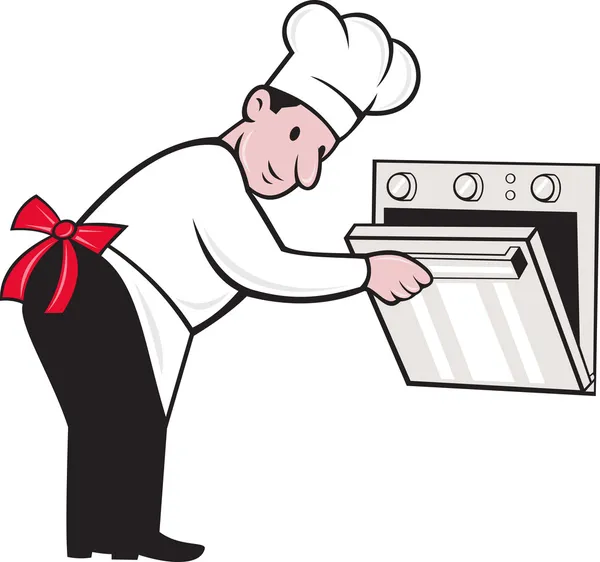 Cartoon Chef Baker Cook Opening Oven — Stock Photo, Image