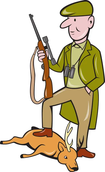 Cartoon jager met geweer staande op herten — Stockfoto