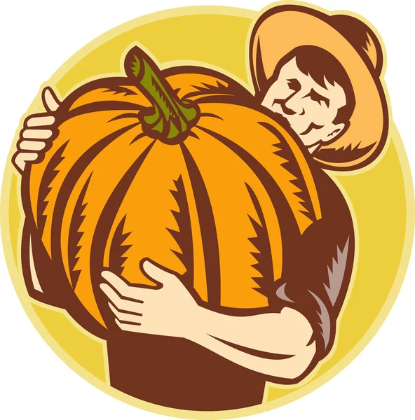 Organic Farmer With Giant Pumpkin — Stock Vector