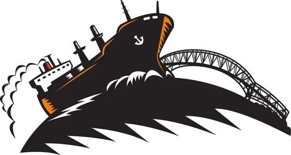 Kargo kargo konteyner gemisi ile köprü — Stok Vektör