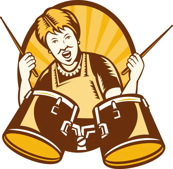 Mamie jouer les tambours rétro Woodcut — Image vectorielle