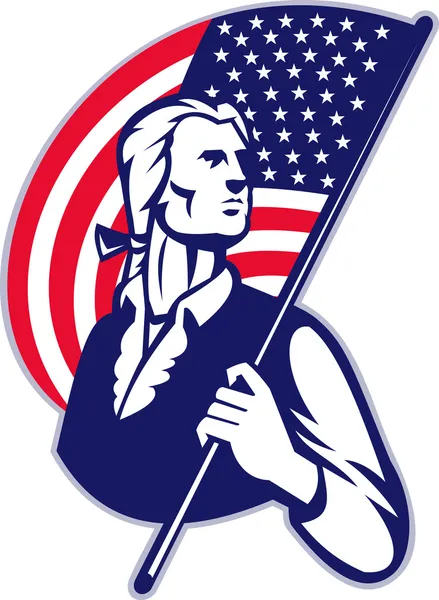 Patriot Minuteman con estrellas americanas y bandera de rayas — Vector de stock