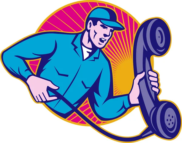 Retro telefon tutarak telefon tamircisi işçi — Stok Vektör