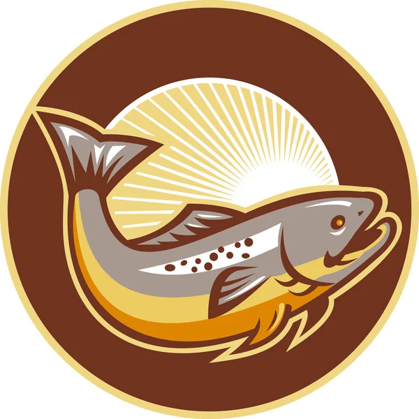Pesce trota che salta Sunburst Circle — Vettoriale Stock