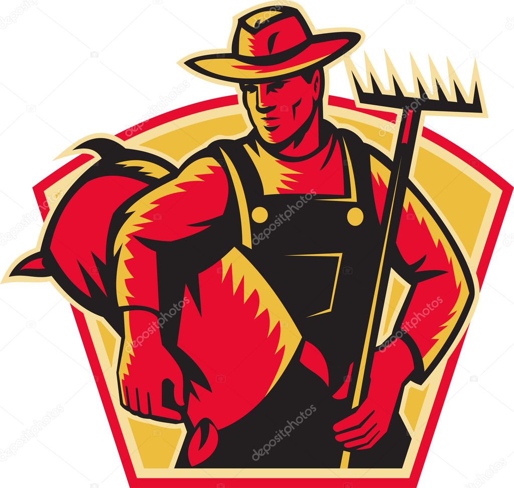 Farmer Agricultural Worker With Rake and Sack