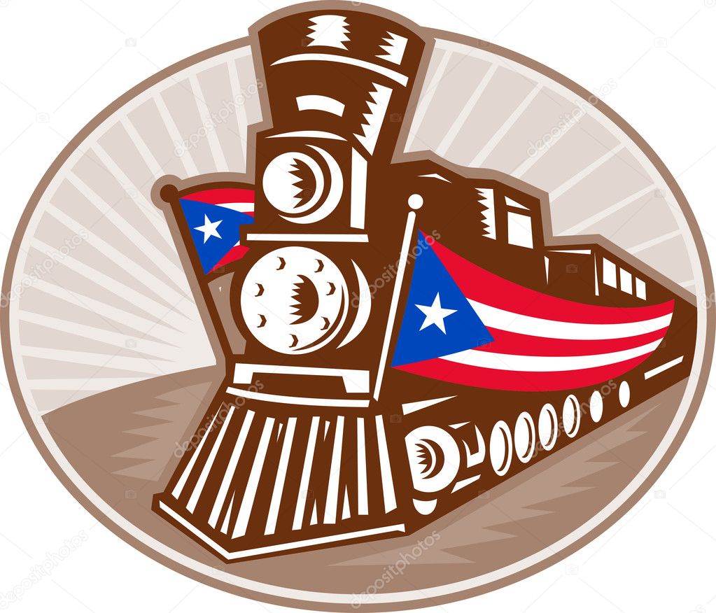 Steam Train Locomotive With American Flag