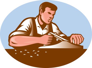 Carpenter Working With Smooth Plane Retro clipart