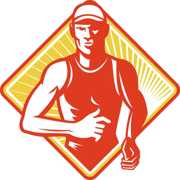 Masculino maratona corredor correndo retro Woodcut — Vetor de Stock