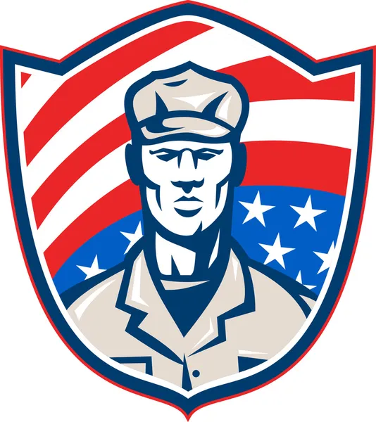 Soldado americano con estrellas y rayas escudo retro — Vector de stock