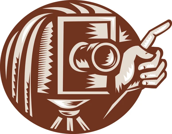 Vintage Camera Hand Pointing Retro Woodcut — Stock Vector