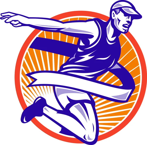 Corredor de maratón masculino Correr retro Woodcut — Archivo Imágenes Vectoriales