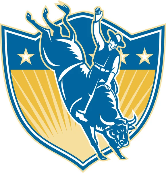 Rodeo Cowboy equitação Bucking Bull Estrelas escudo retro —  Vetores de Stock