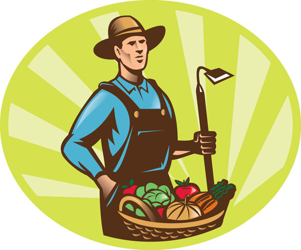 Farmer With Garden Hoe And Basket Crop Harvest