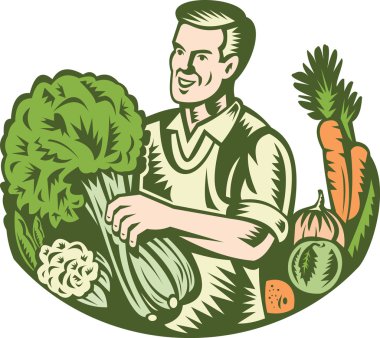Organic Farmer Green Grocer With Vegetables Retro clipart