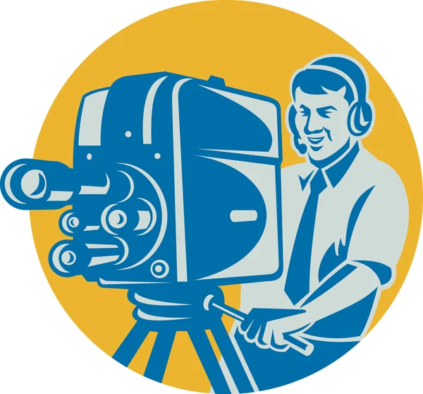 Film crew tv-cameraman met film camera retro — Stockvector