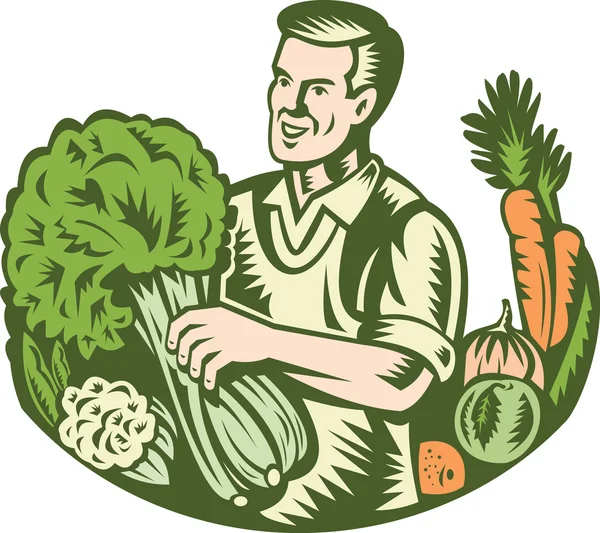 Ekologisk jordbrukare gröna livsmedelsbutik med grönsaker retro — Stock vektor