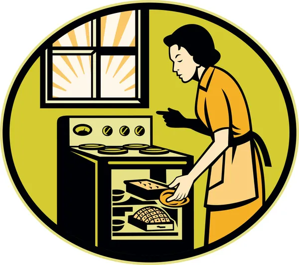 Νοικοκυρά ψήσιμο ψωμί ζύμη πιάτο φούρνο ρετρό — Διανυσματικό Αρχείο