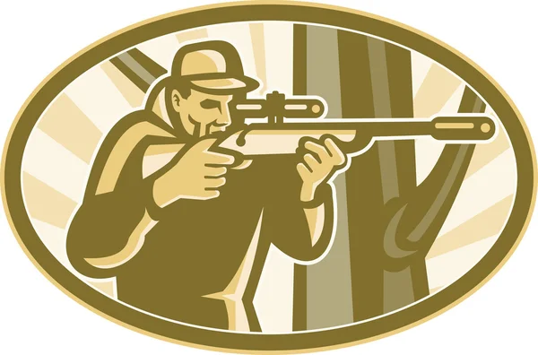 Hunter Shooter apuntando al rifle del telescopio Retro — Vector de stock