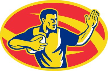 Rugby Player Running Fending Ball Retro clipart