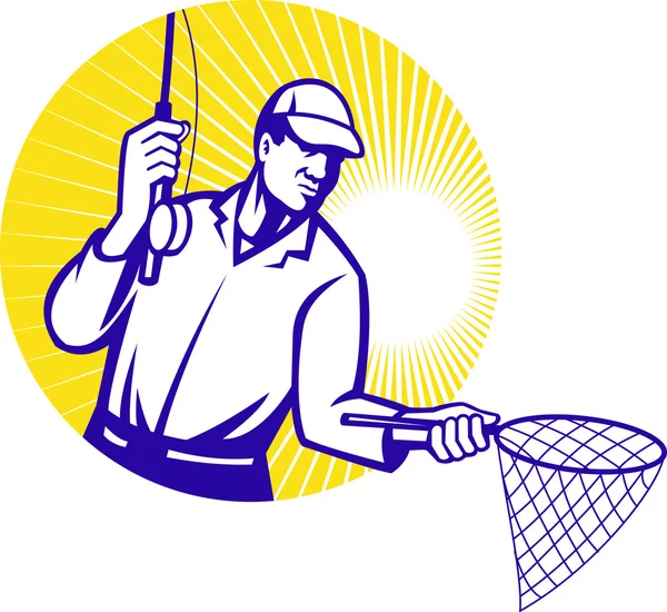 Fly Fisherman Fishing Net Retro Woodcut — Stock Vector