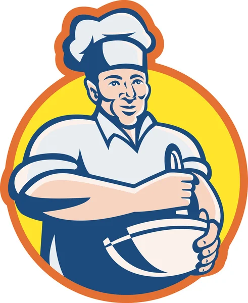 Cuoco Chef Baker con ciotola di miscelazione Retro — Vettoriale Stock