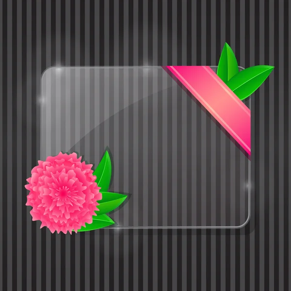 Marco de vidrio con flor rosa y hojas verdes — Vector de stock