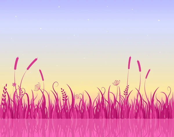 Mattina nebbiosa sul lago con silhouette di erba rosa — Vettoriale Stock