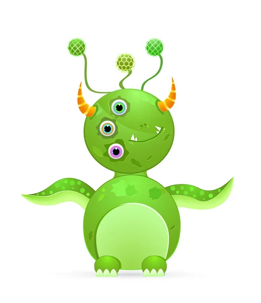 Green cute monster with three eyes and horn — Stock Vector
